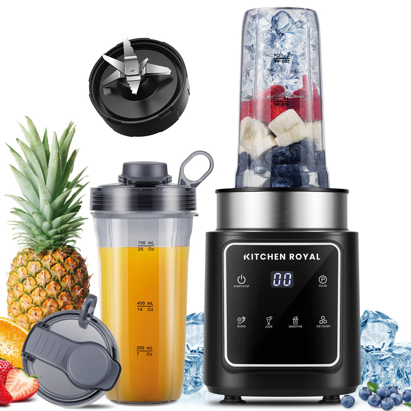 Smoothie Blender To Go Met 2 Lekvrije Bekers 700ML - 1200 Watt 4 Standen Zwart - Kitchen Royal®