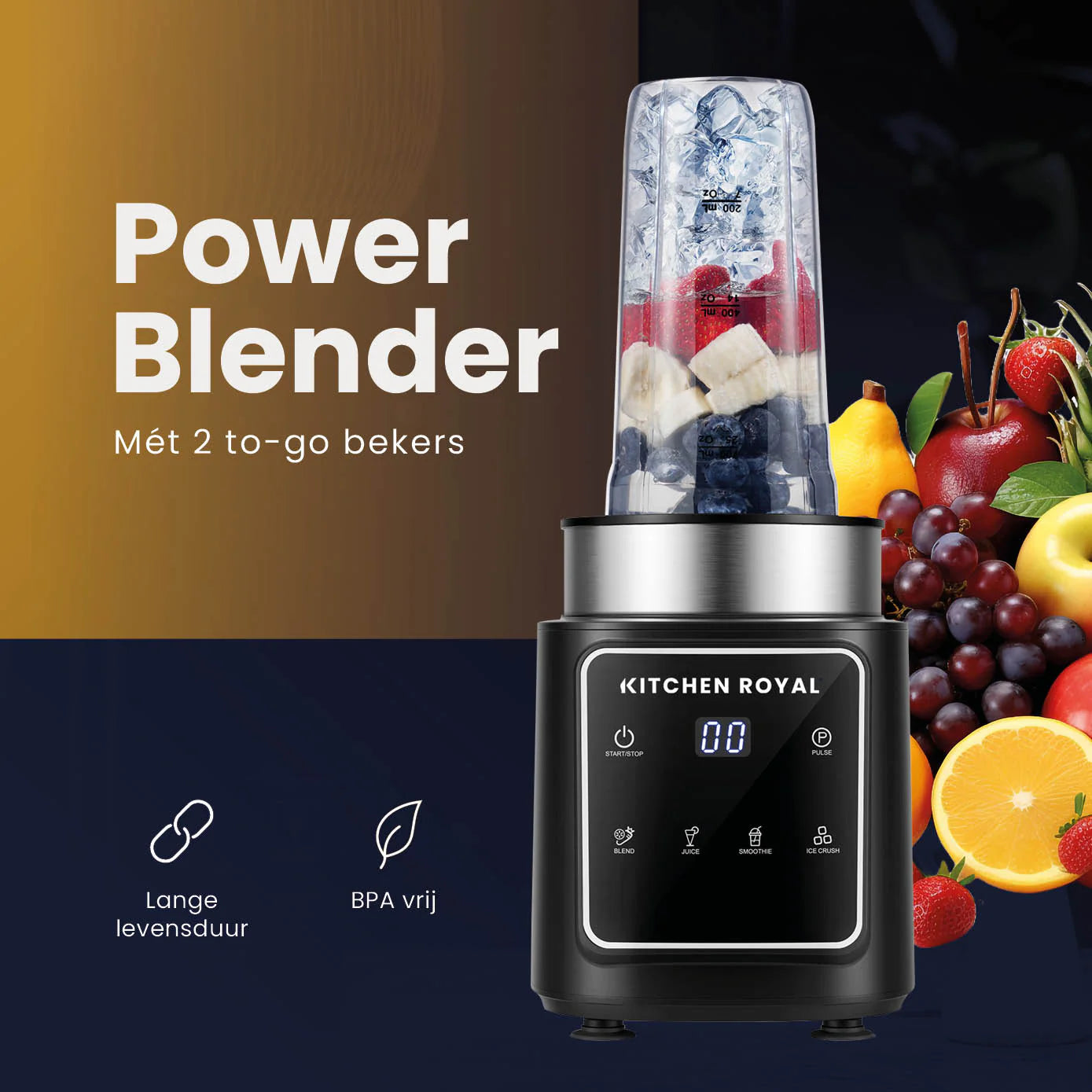 Smoothie Blender To Go Met 2 Lekvrije Bekers 700ML - 1200 Watt 4 Standen Zwart - Kitchen Royal®