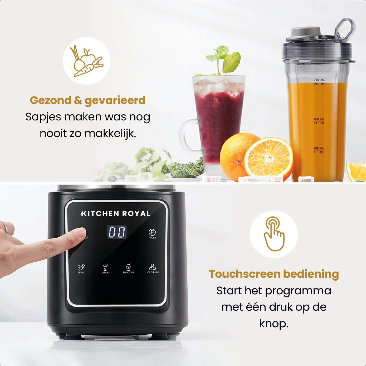 Smoothie Blender To Go Met 2 Lekvrije Bekers 700ML - 1200 Watt 4 Standen Zwart - Kitchen Royal®